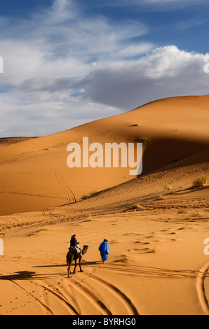 Berbère touareg homme menant un touriste sur dromadaire dans le désert de l'Erg Chebbi au Maroc Afrique du Nord Banque D'Images