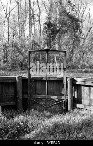 Une vieille porte de contrôle d'irrigation rustique à Pettigrew State Park, North Carolina Banque D'Images