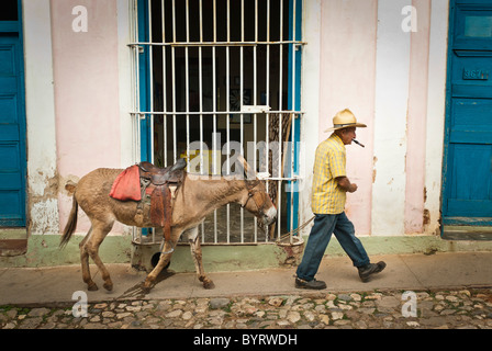 Vieil homme avec chapeau de paille la marche avec son âne , Trinidad, Sancti Spiritus, Cuba, Caraïbes. Banque D'Images