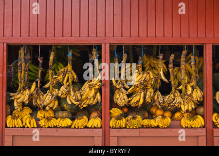 Un stand de fruits vente de bananes et de fruits tropicaux à Porto Rico Banque D'Images