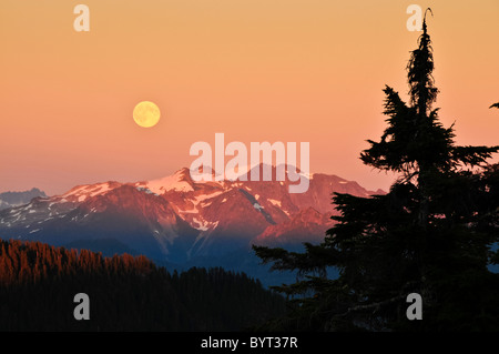 Pleine lune s'élève au-dessus de Cascades nord du sentier de la butte du parc, le mont Baker-Snoqualmie National Forest, Washington. Banque D'Images