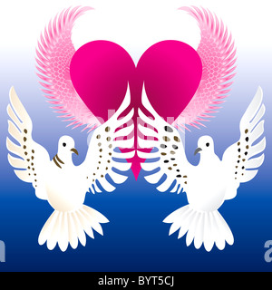 Vector Illustration of Love Doves avec coeur battant. Banque D'Images