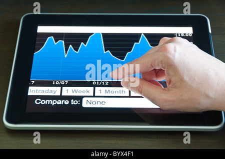 Ordinateur tablette moderne affichage graphique avec stock part touchant l'affichage Banque D'Images