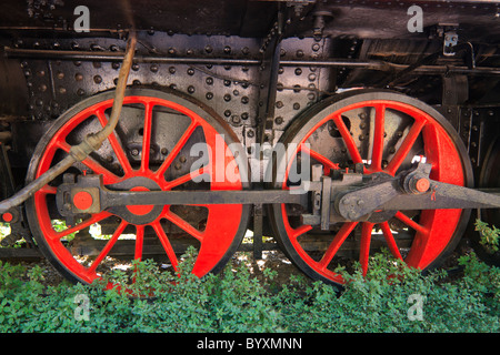 Dans les roues de train à vapeur vieux parc train Banque D'Images