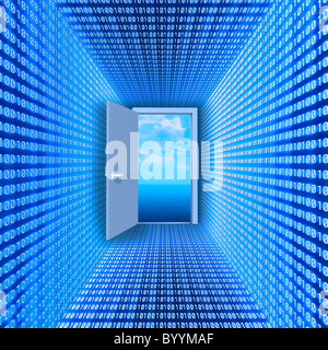 Hall a fait d'un code binaire conduit à ouvrir la porte et cloudscape. Image conceptuelle : la réalité virtuelle. Banque D'Images