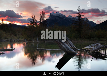 La première lumière, lever du soleil à Vermillion Lakes, Banff, Alberta, Canada Banque D'Images