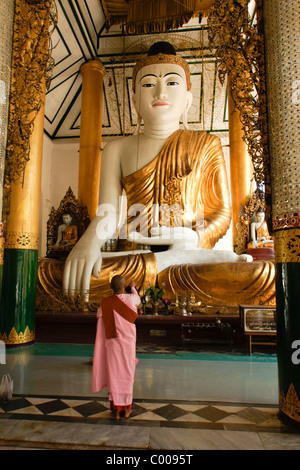 Fanning nonne bouddhiste Bouddha à la pagode Shwedagon à Yangon (Rangoon), le Myanmar (Birmanie) Banque D'Images