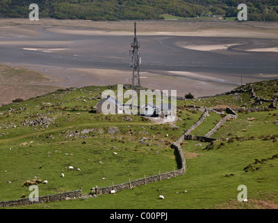 Haut mât de télécommunication sur les collines surplombant l'estuaire de Barmouth Banque D'Images