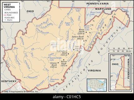 Carte Physique de la West Virginia Banque D'Images