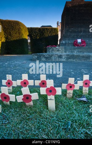 Croix du souvenir et coquelicots, St Mary's Churchyard, Painswick, Gloucestershire, Cotswolds, Royaume-Uni Banque D'Images