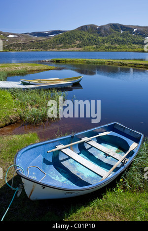 Bateaux de pêche sur le lac clair, Almotjonna Denstad, Norway, Scandinavia, Europe Banque D'Images