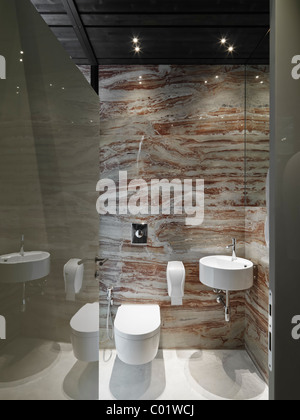 Salle de bains moderne avec la couverture en céramique blanche et d'un lavabo avec un grand miroir et les sanitaires. Le plafond est en bois Banque D'Images