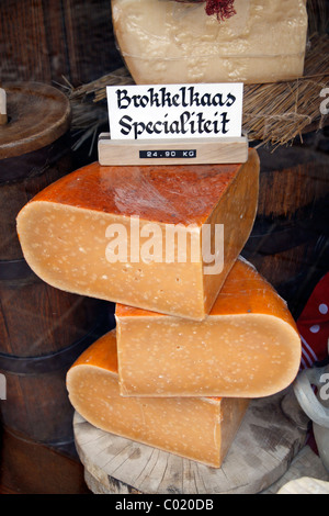 Un affichage étonnant de fromage (Brokkelkaas specialiteit) dans un magasin à Bruges, Belgique. Banque D'Images