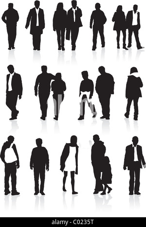 Un groupe de silhouettes noires, très détaillées de personnes dans différentes positions de marche Banque D'Images