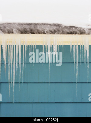 Les glaçons et barrage de glace sur un toit des dommages de gouttière Banque D'Images