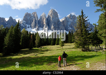 Adolf-Munkel-Weg trail sous la Geislerspitzen massif, avec l'Furchetta pic principal, à l'Glatschalm, Naturpark Puez-Geisler Banque D'Images