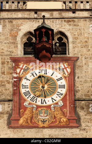 Tour de l'horloge sur le clocher de Saint Martin, Memmingen, Unterallgaeu, région de l'Allgaeu, Schwaben, Bavaria, Germany, Europe Banque D'Images