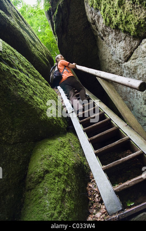 Femme de grimper l'échelle en Himmelsleiter Falkenstein nature et rock park, forêt de Bavière région basse-montagne Banque D'Images