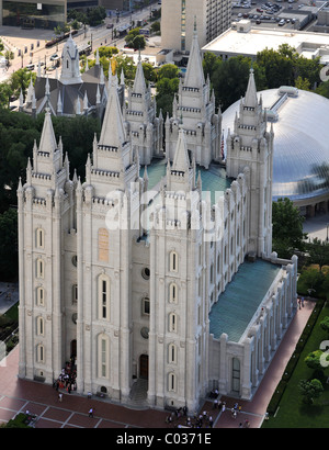 Vue aérienne du Temple de l'Église de Jésus-Christ des Saints des Derniers Jours, l'église des Mormons, Temple Square, Salt Lake City, Utah Banque D'Images