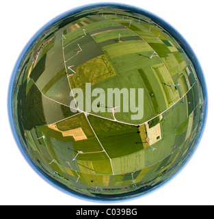 Vue aérienne, fisheye, globe panorama, éoliennes, d'éoliennes, Marsberg, district de Coesfeld, Rhénanie du Nord-Westphalie Banque D'Images