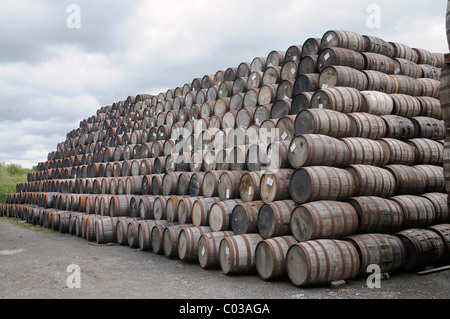 En bois empilé de barils de whisky, la plus ancienne distillerie de whisky sous licence dans le monde entier, Locke's Distillery, Kilbeggan, Westmeath Banque D'Images