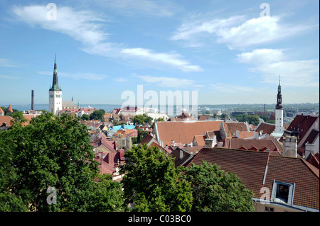 Panorama sur le centre historique de la ville, vue de la colline du Château, les tours de l'église Saint-Nicolas et l'hôtel de ville, port de la mer Baltique Banque D'Images