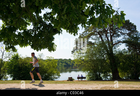 Un runner jogging le long du chemin à la heath beauty spot en petersfield hampshire en couple prendre dans la vue sur le banc Banque D'Images