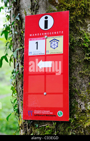 Pour les panneaux d'un réseau de sentiers dans la forêt en Swabian-Franconian Welzheim, Bade-Wurtemberg, Allemagne, Europe Banque D'Images