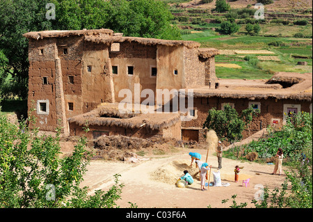 Kasbah, Berbère, forteresse de boue dans un carré à l'extérieur de la Kasbah, les habitants sont la séparation de la balle du grain Banque D'Images