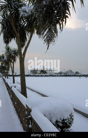 Bognor Regis bowling green dans la neige Banque D'Images