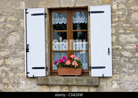 Fenêtre typiquement français avec rideau de dentelle et cantonnières, fenêtre de dialogue et de volets en bois, Normandie, France Banque D'Images