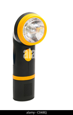 Poignée noire et jaune lampe électrique (lampe de poche) isolé sur fond blanc Banque D'Images