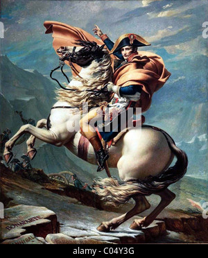 Napoléon Bonaparte, Napoléon Bonaparte, chef de l'armée française qui a pris de l'importance au cours de la Révolution française et a mené plusieurs campagnes réussies pendant les guerres de la Révolution française. Napoléon traversant les Alpes par Jacques-Louis David Banque D'Images