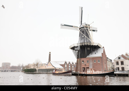 Moulin en ville néerlandaise en hiver, Haarlem, Pays-Bas. Banque D'Images