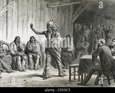 Meriwether Lewis, (1774-1809). Explorateur américain. Le Grand Conseil des corbeaux à Fort Laramie en présence de Lewis. Banque D'Images