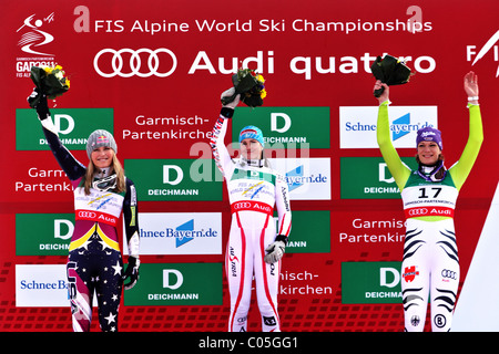 Lindsey Vonn (USA), Elisabeth Görgl (AUT), Maria Riesch (GER) au Championnats du Monde FIS de Ski Alpin 2011 Banque D'Images