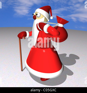 Santa Claus ou grand-père Frost avec un sac de cadeaux sur la neige contre le ciel, 3d. Banque D'Images