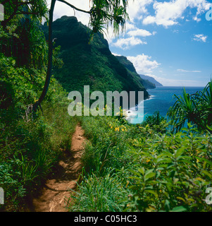 Kalalau Trail spectaculaire le long de la côte de Na Pali, Kauai, Hawaii Banque D'Images