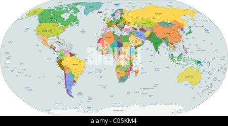 La carte politique du monde, les capitales et les principales villes de l'inclus, vector Banque D'Images