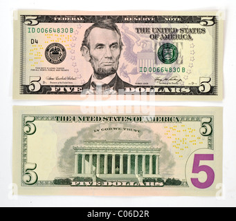Billet de 5 dollar américain, avant et arrière Banque D'Images