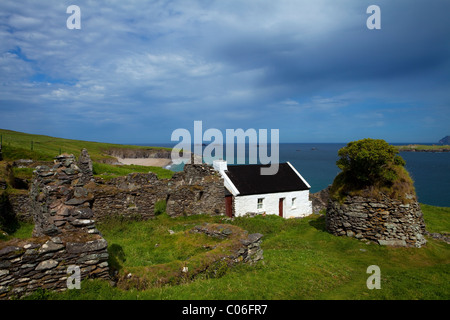 Gîte et chalets sur Grand Désert, Blasket Island Îles Blasket, péninsule de Dingle, comté de Kerry, Irlande Banque D'Images