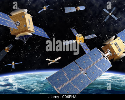 Illustration de la compétition des satellites en orbite autour de la terre Banque D'Images