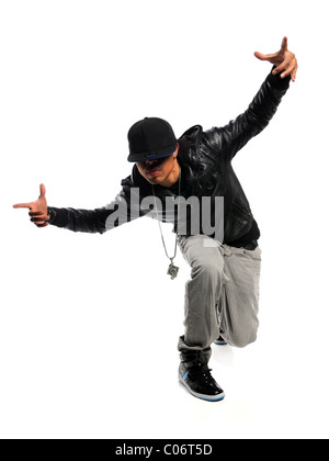 African American hip hop dancer performing isolé sur fond blanc Banque D'Images