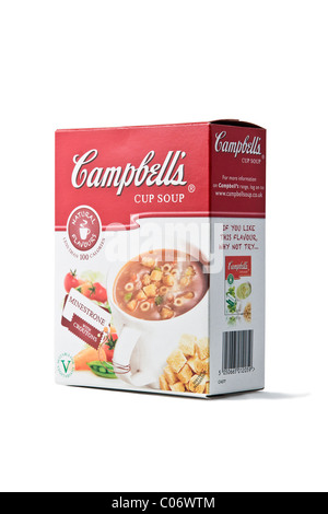 Un sachet de soupe Campbell's cup (minestrone) sur un fond blanc. Banque D'Images