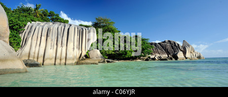 La Digue, Seychelles, vue panoramique sur la plage d'Anse Source d'argent, l'une des plus belles plages du monde Banque D'Images