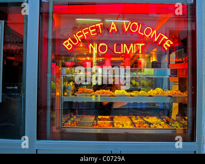 Paris, France, un restaurant chinois, Boutique/All-You Can-Eat Fenêtre-Buffet, Neon Sign "Pas de limite" Banque D'Images