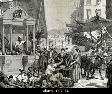 Naples. Vue sur une rue de la ville au début du 19e siècle. L'Italie. Gravure de 1852. Banque D'Images