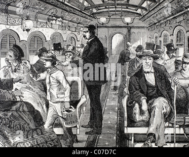 Voiture de chemin de fer. Vue de l'intérieur avec les passagers. United States. Gravure du xixe siècle. Banque D'Images