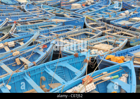 Bateaux de pêche bleu dans le port, Essaouira, Maroc, Afrique Banque D'Images