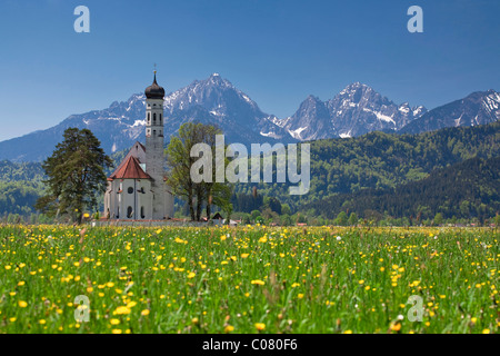 L'église Saint Coloman près de la montagne Tegelberg et château de Neuschwanstein, Hohenschwangau près de Füssen, région de l'Allgaeu, Bavaria Banque D'Images